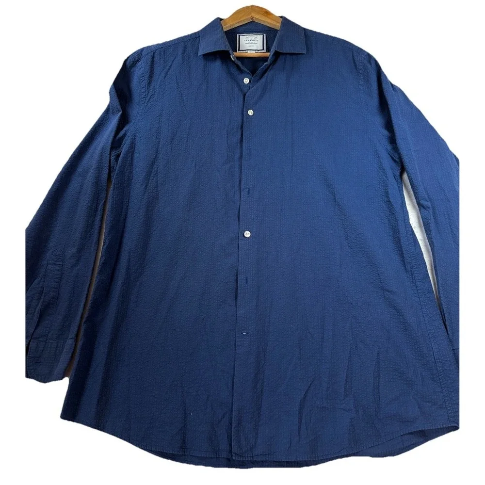 Charles Tyrwhitt Men's 18/37 Button Down L/Sl Shirt Navy Slim Fit Seer Sucker